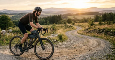 ciclista pilotando bike gravel saindo do asfalto para estrada de chão