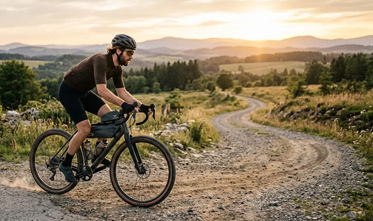 ciclista pilotando bike gravel saindo do asfalto para estrada de chão