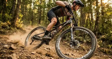 ciclista de bicicleta mountain bike veloz em meio a trilha