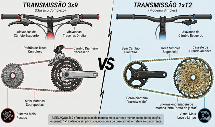transmissão de bicicleta 3x9 versus transmissão 1x12 velocidades