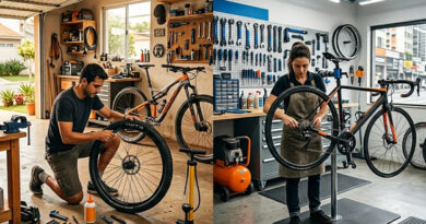 duas pessoas realizando o procedimento tubeless em suas bicicletas uma em casa e outra em oficina