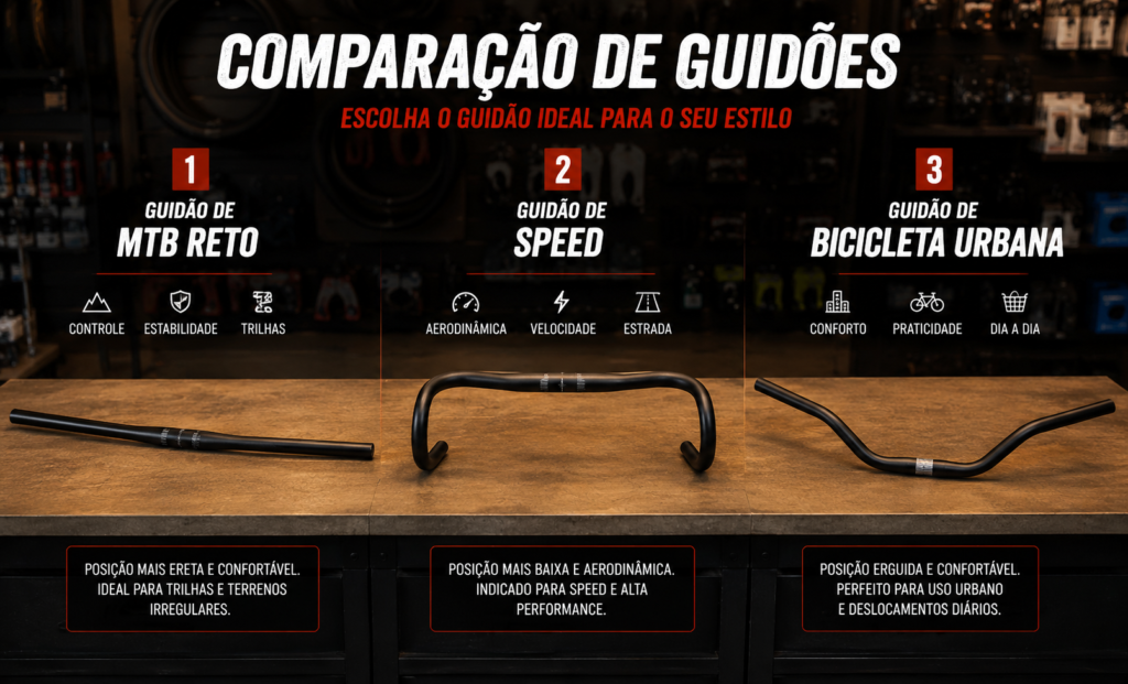 três guidões de bicicleta sob balcão de loja comparando as modalidades MTB, Speed e Urbano