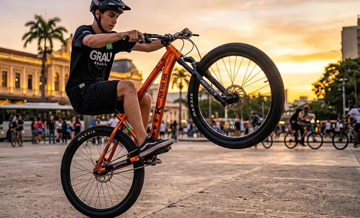 jovem empinando bicicleta em uma praça